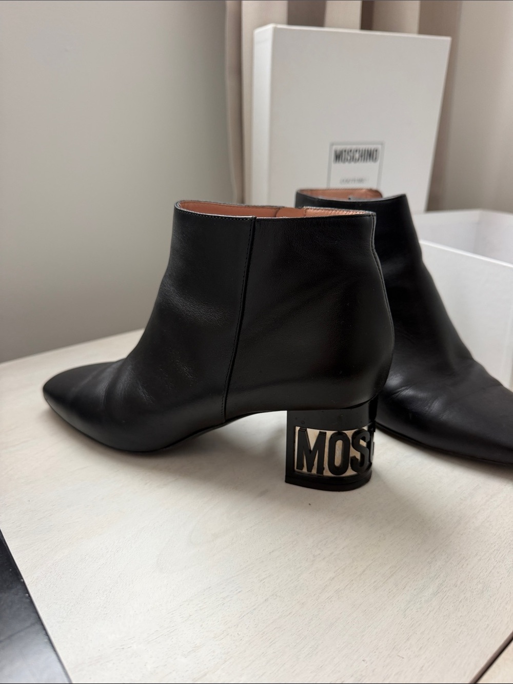 Moschino Couture Black Leather Logo Block Heel Ankle Boots Square Toe